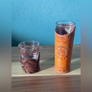 Two Vintage CATTLE BRANDS 2.5” SHOT GLASS With HORSE / LEON 4.5” Leather Sleeve